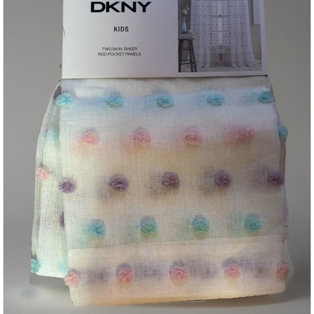 NEW DKNY Window Rod Pocket Panel Pastels Pom Pom White Sheer 84